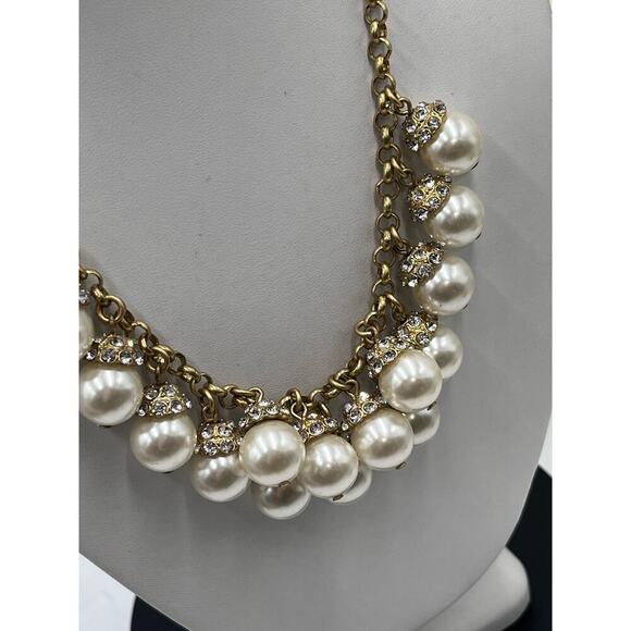 J. Crew Gold-Tone Faux Pearl Rhinestone Dangle Cluster Statement‎ Necklace - Picture 6 of 11